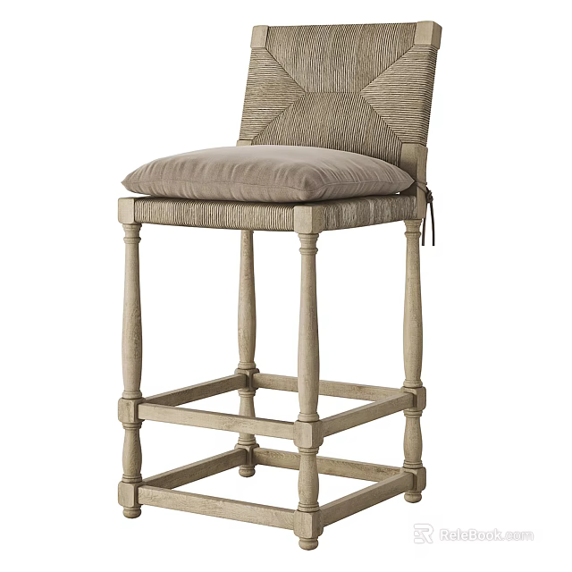 Rustic Wooden Bar Stool With Woven Backrest Sturdy Turned Legs And Padded Seat 3d model 
