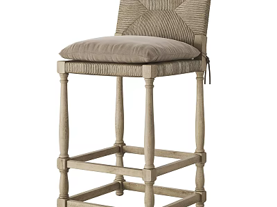 Rustic Wooden Bar Stool With Woven Backrest Sturdy Turned Legs And Padded Seat 3d model