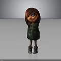 3D Cartoon Character With Long Red Hair Green Coat Yellow Buttons And Gray Boots