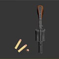 Black Body Revolver With Wooden Grip And Bullets On Reflective Surface
