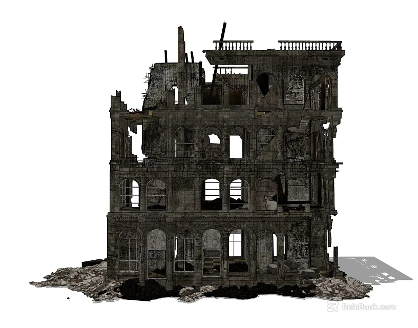 Damaged Architectural Structure Of Ruined Building With Broken Windows And Collapsed Walls 3d model 
