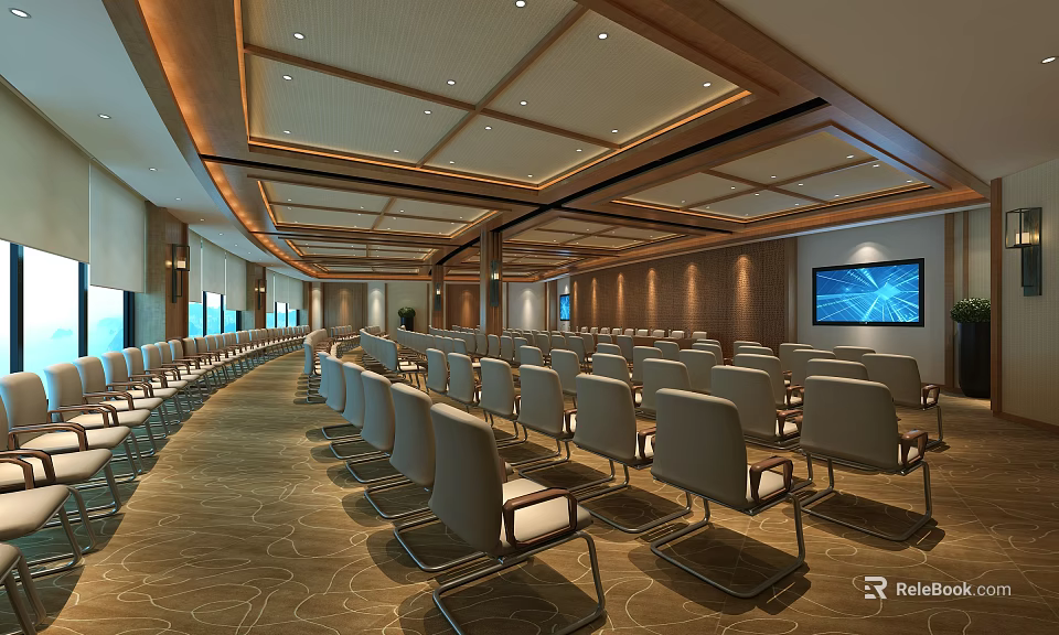 Spacious Conference Room Interior With Wooden Ceiling Arranged Chairs And Large Screen 3d model 