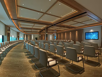 Spacious Conference Room Interior With Wooden Ceiling Arranged Chairs And Large Screen 3d model