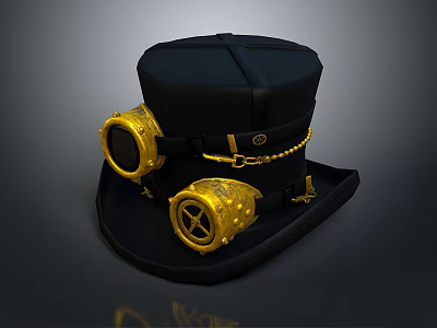 Stylish Black Top Hat With Golden Goggles And Chain Decorations For Daily Wear 3d model
