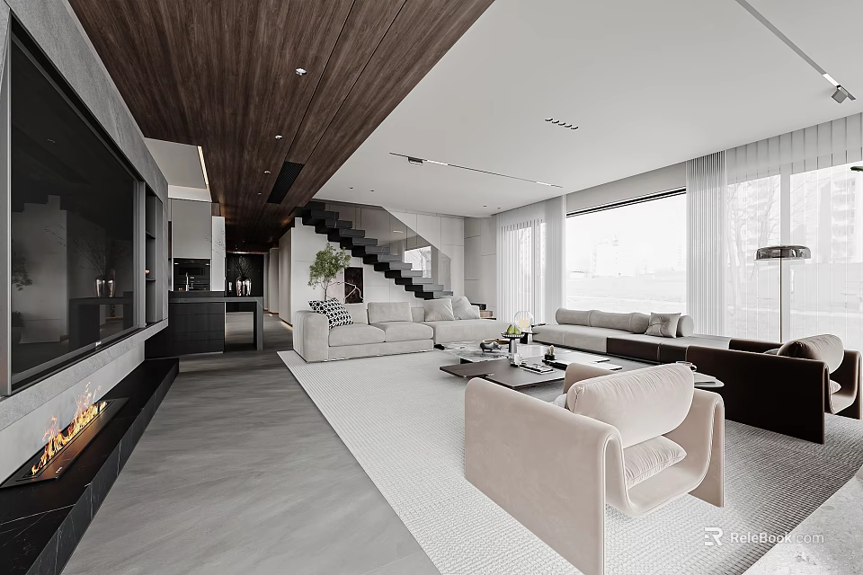 Modern Minimalist Spacious Open Plan Living And Dining Room With Cozy Comfortable Home Interior Design 3d model 