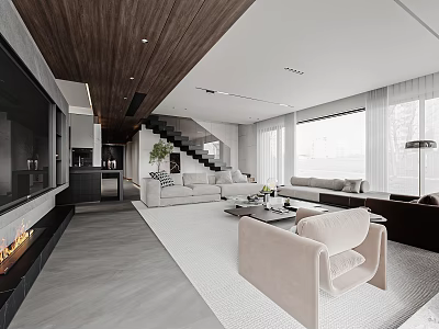 Modern Minimalist Spacious Open Plan Living And Dining Room With Cozy Comfortable Home Interior Design 3d model