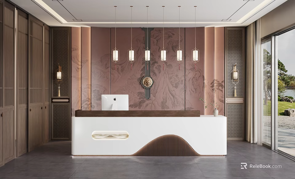 Elegant Modern Reception Desk Interior With Hanging Lights Decorative Wall And Wooden Elements 3d model