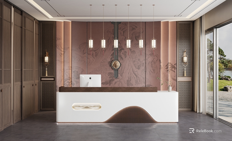 Elegant Modern Reception Desk Interior With Hanging Lights Decorative Wall And Wooden Elements 3d model 