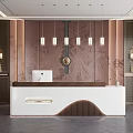 Elegant Modern Reception Desk Interior With Hanging Lights Decorative Wall And Wooden Elements