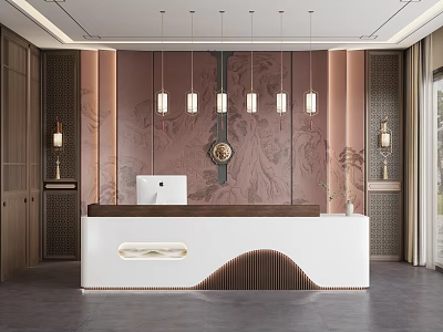 New Chinese Front Desk Background Wall Wooden Door Wall Lamp Chandelier