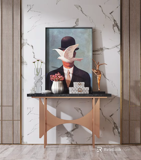 Elegant Console Table with Decorative Painting Vase Flowers and Gold Sculpture on Marble Wall 3d model 