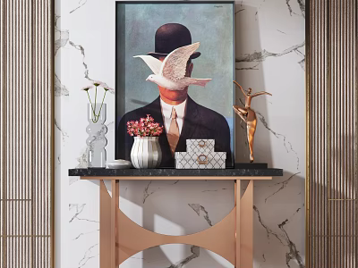 Elegant Console Table with Decorative Painting Vase Flowers and Gold Sculpture on Marble Wall 3d model