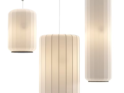 Modern Interior Pendant Lights With Cylindrical Striped Cream Colored Shades And Soft Light 3d model