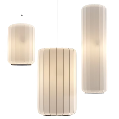 Modern Interior Pendant Lights With Cylindrical Striped Cream Colored Shades And Soft Light 3d model