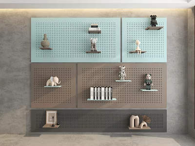 Creative Wall Decor with Colored Perforated Panels and Small Shelves Holding Sculptures Figurines and Books 3d model
