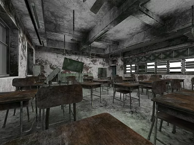 Abandoned School Classroom With Rusty Desks Chairs Peeling Walls Damaged Ceiling And Iron Bar Windows 3d model
