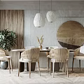 Elegant Modern Restaurant Interior With Woven Pendant Lights Rattan Chairs And Circular Wall Art