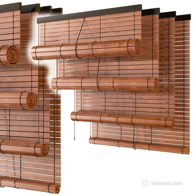 Natural Wooden Window Blinds With Roll up Design For Home Interior 3d model 