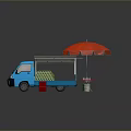 Blue Food Truck With Red Umbrella Green Beverage Bottles Small Table And Drink Cans