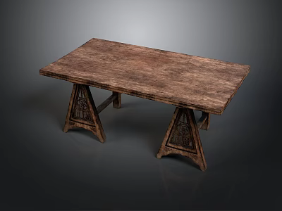 Rustic Vintage Solid Wooden Rectangular Dining Table With Exquisite Carved Triangle Support Legs 3d model
