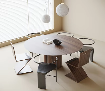 Minimalist Round Wooden Dining Table Set With Modern Chairs And Pendant Lights 3d model