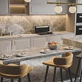 Modern Open Kitchen With Gray Cabinets Marble Countertop And Pendant Lighting 3d model