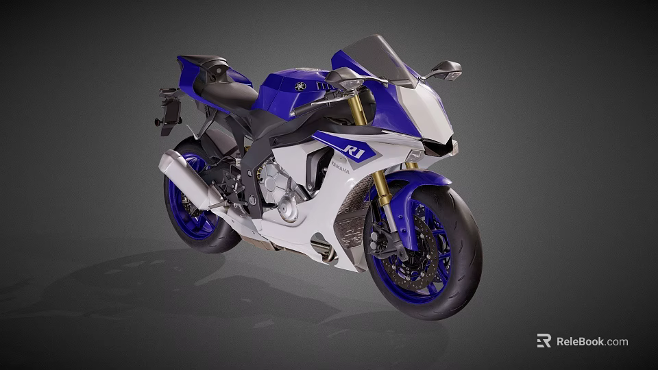 Blue and White Sport Motorcycle With Sleek Design Golden Shock Absorbers And Black Seat 3d model 