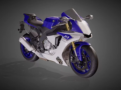 Blue and White Sport Motorcycle With Sleek Design Golden Shock Absorbers And Black Seat 3d model