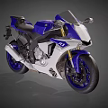 Blue and White Sport Motorcycle With Sleek Design Golden Shock Absorbers And Black Seat