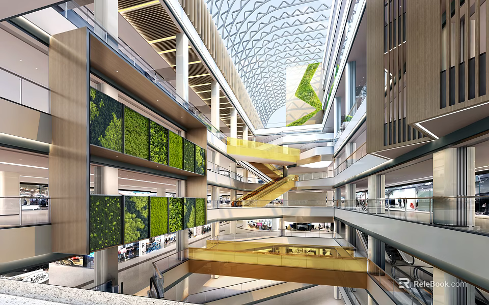 Spacious Shopping Mall Atrium With Glass Ceiling Green Plant Walls And Golden Staircase 3d model 