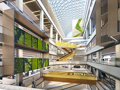 Spacious Shopping Mall Atrium With Glass Ceiling Green Plant Walls And Golden Staircase 3d model