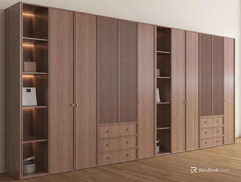 Modern Wooden Wardrobe Design With Open Shelves Drawers And Interior Lighting 3d model 