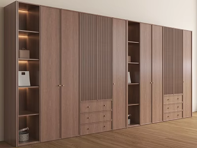 Modern Wooden Wardrobe Design With Open Shelves Drawers And Interior Lighting 3d model