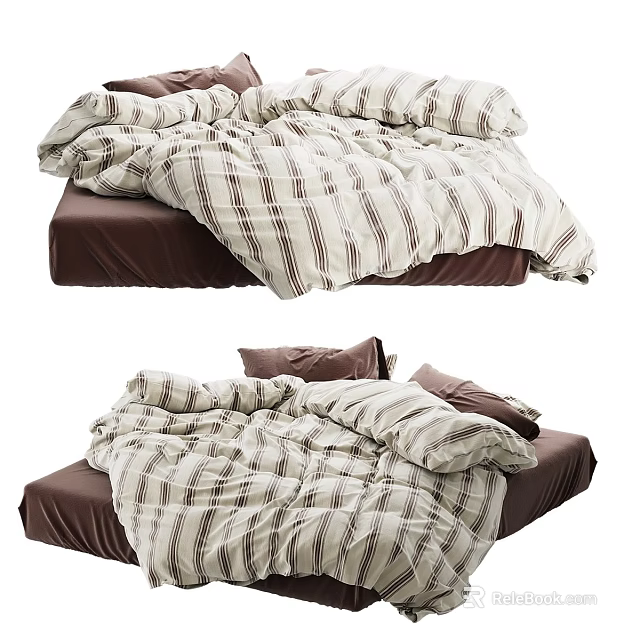 Cozy Double Bed With Striped Bedspread And Brown Mattress With Pillows 3d model 