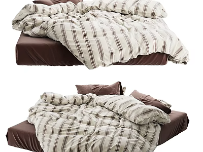 Cozy Double Bed With Striped Bedspread And Brown Mattress With Pillows 3d model