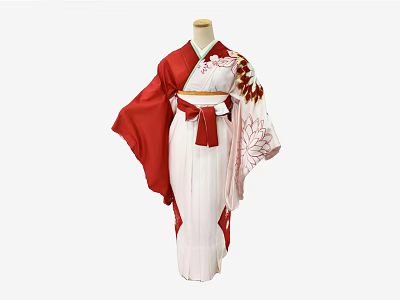 Traditional Red And White Kimono With Elegant Flower Patterns And Obi Belt 3d model