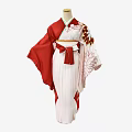 Traditional Red And White Kimono With Elegant Flower Patterns And Obi Belt