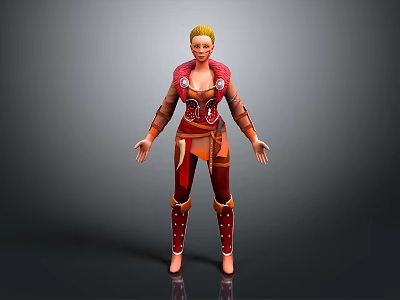 Blonde Female Game Movie Character With Red Brown Leather Outfit And Metal Accessories 3d model