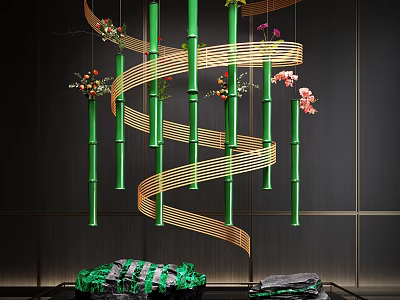 Indoor Landscape With Green Bamboo Columns Golden Spiral Decorations And Colorful Flowers 3d model