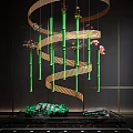 Indoor Landscape With Green Bamboo Columns Golden Spiral Decorations And Colorful Flowers