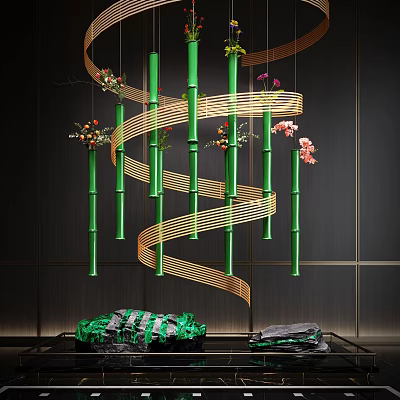 Indoor Landscape With Green Bamboo Columns Golden Spiral Decorations And Colorful Flowers 3d model