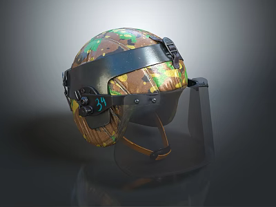 Military Style Camouflage Helmet With Transparent Visor And Metal Fittings For Protection 3d model
