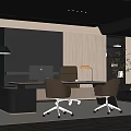 Modern Office Interior With Desk Two Pink Office Chairs Sofa Area And Bookshelf