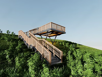 Scenic Viewing Platform On Green Hillside With Wooden Stairs Railing And Lush Greenery 3d model