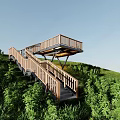 Scenic Viewing Platform On Green Hillside With Wooden Stairs Railing And Lush Greenery