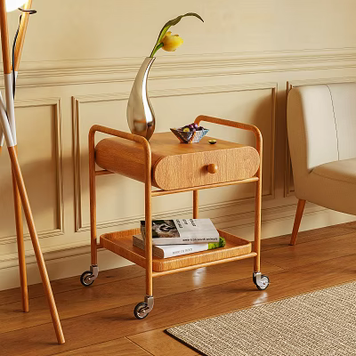 Wooden Rolling Side Table With Drawer Lower Shelf Vase And Magazines In Living Room 3d model