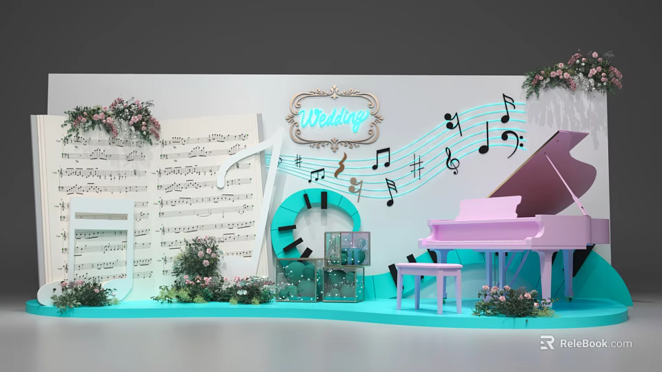 Wedding Photo Spot With Pink Piano Music Notes Sheet Music Flower Garlands And Blue Platform 3d model 