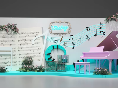 Wedding Photo Spot With Pink Piano Music Notes Sheet Music Flower Garlands And Blue Platform 3d model