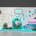 Wedding Photo Spot With Pink Piano Music Notes Sheet Music Flower Garlands And Blue Platform