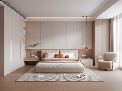 Neutral Modern Bedroom Interior Design With Bed Built In Wardrobe Armchair Rug And Soft Lighting 3d model
